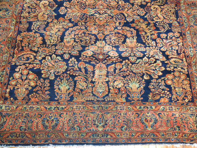 Rare Navy Blue Field Antique Persian Fine Sarouk Oriental Rug For Sale 1