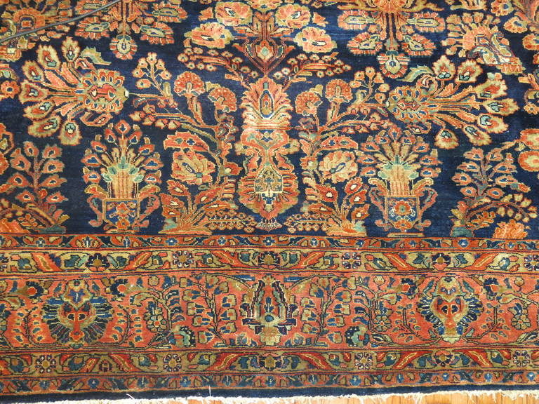 20th Century Rare Navy Blue Field Antique Persian Fine Sarouk Oriental Rug For Sale