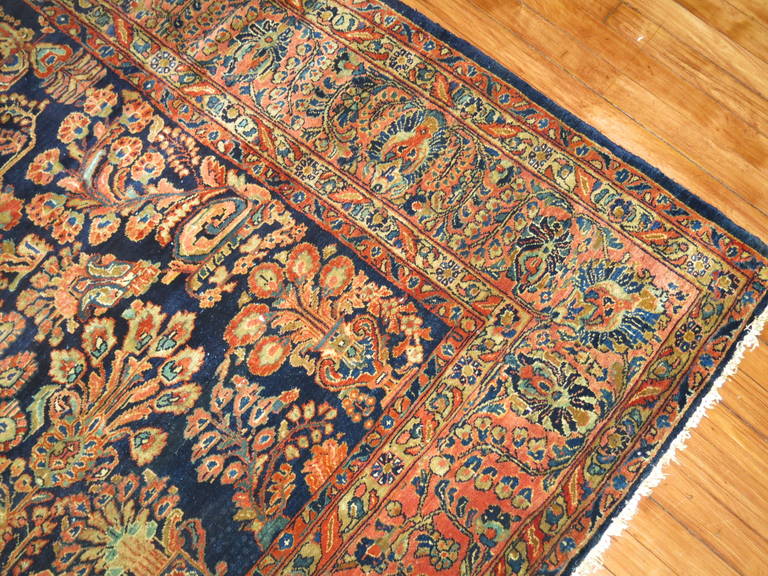 Wool Rare Navy Blue Field Antique Persian Fine Sarouk Oriental Rug For Sale