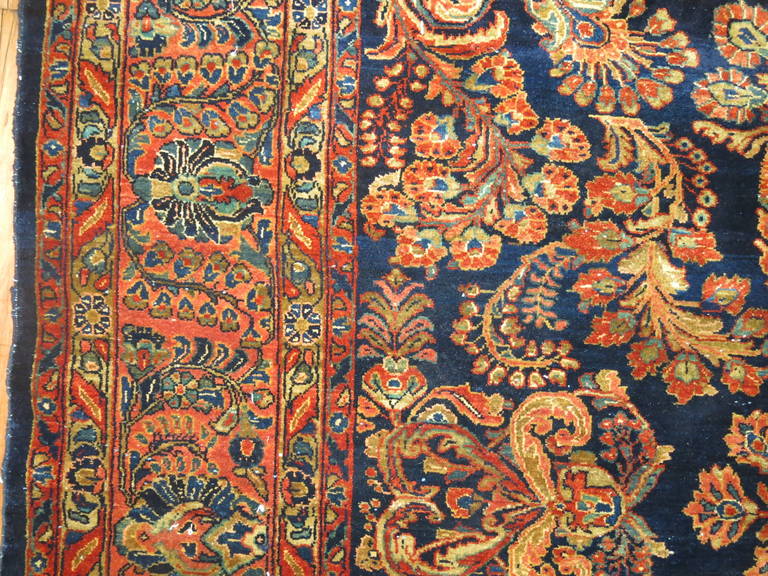 Hand-Knotted Rare Navy Blue Field Antique Persian Fine Sarouk Oriental Rug For Sale