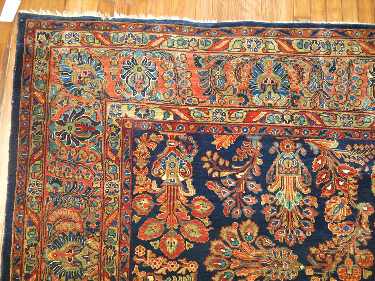 Rare Navy Blue Field Antique Persian Fine Sarouk Oriental Rug In Excellent Condition For Sale In New York, NY