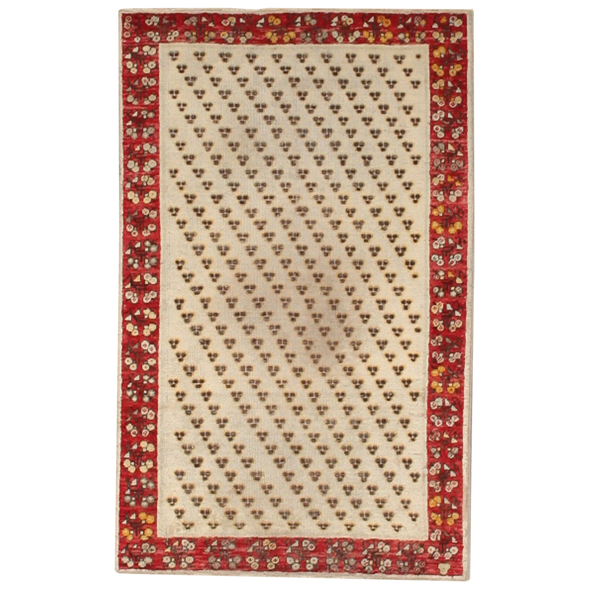 Wool 20th Century Handmade Ivory Field Red Turkish Ghiordes Scatter Rug For Sale