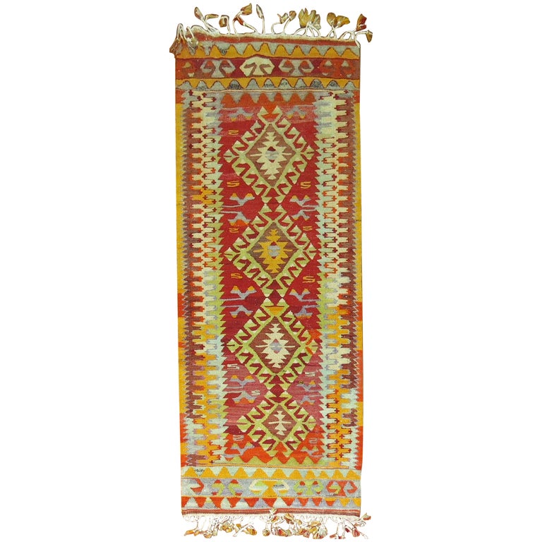Narrow Kilim Runner in Bright Red and Green For Sale