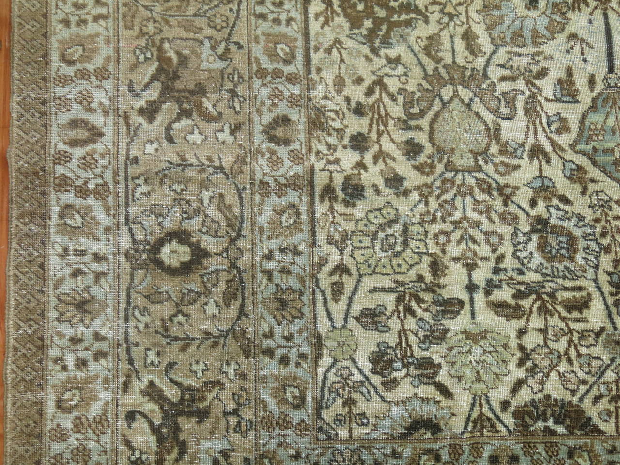 Neutral Antique Persian Tabriz Rug with Pictorial Animal Border 1