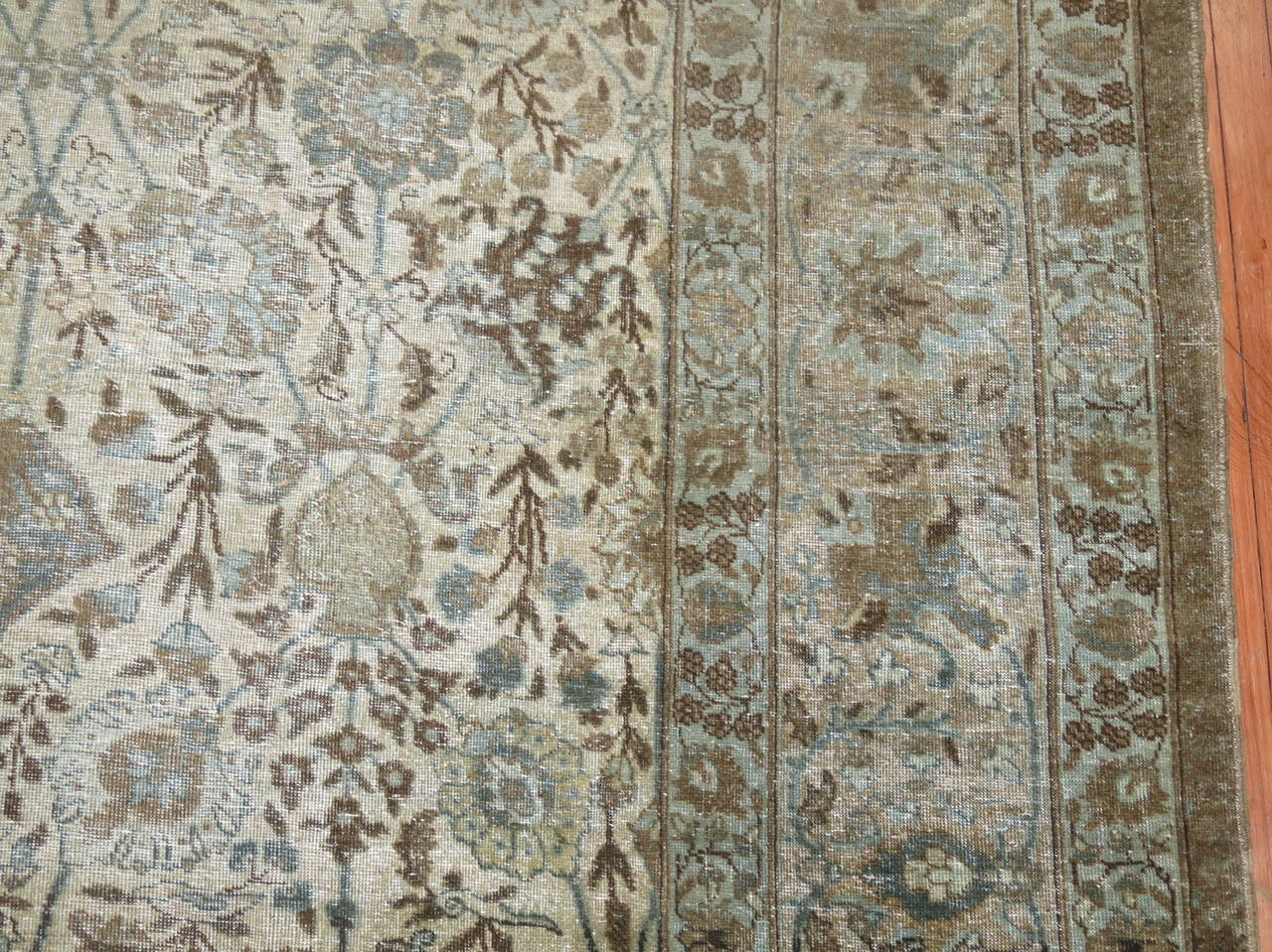 Wool Neutral Antique Persian Tabriz Rug with Pictorial Animal Border
