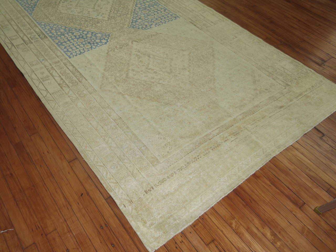 Quirky antique Khotan rug with a soft green and soft blue abrashed ground.