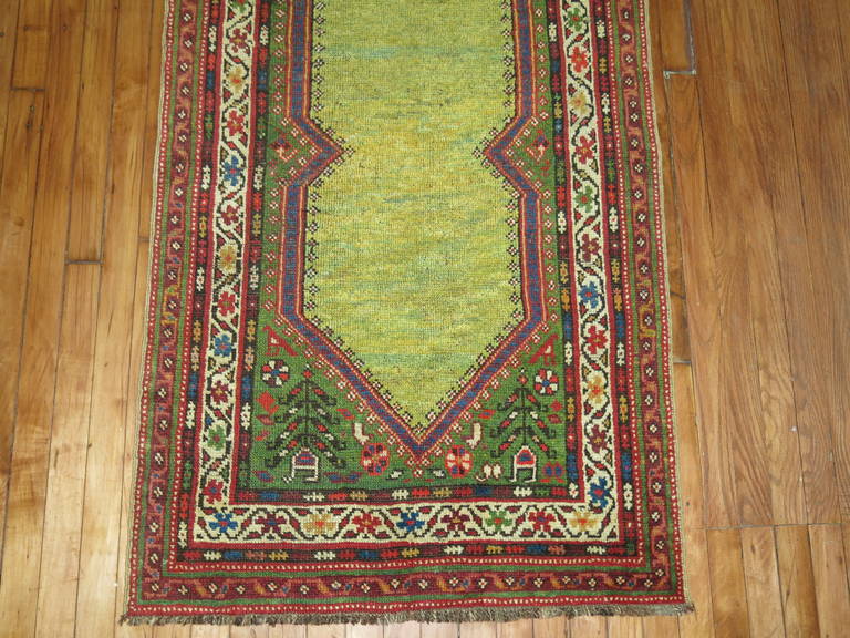 Kashan Lime Green Antique Persian Runner For Sale