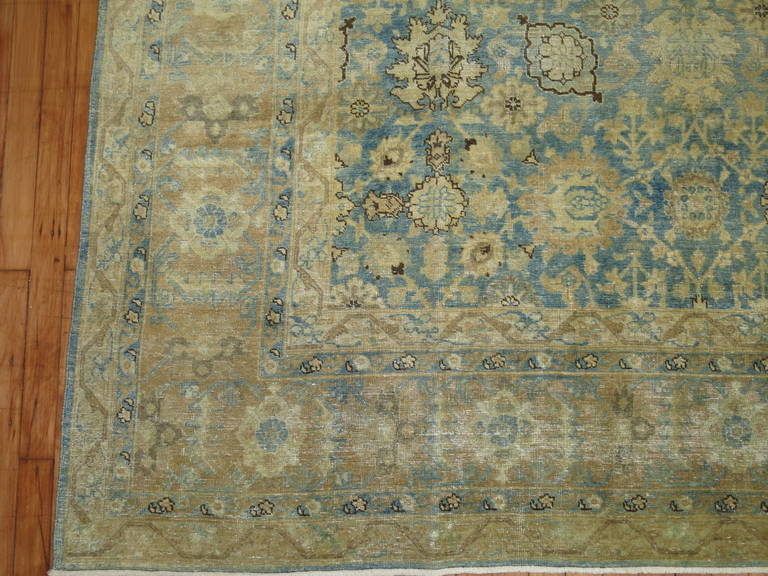 Antique Pale Blue Persian Tabriz Rug In Good Condition For Sale In New York, NY