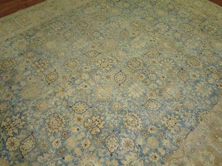 Hand-Knotted Antique Pale Blue Persian Tabriz Rug For Sale