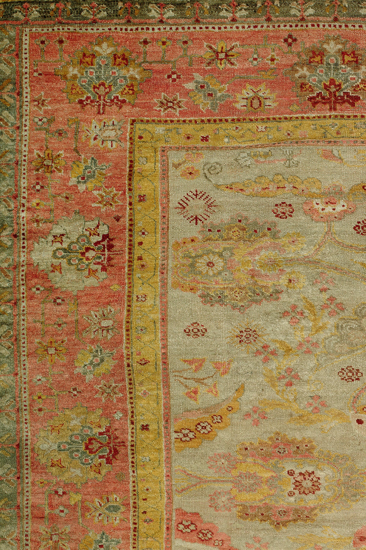 Breathtaking late 19th century Turkish Angora wool Oushak rug.
Characteristics of antique Oushak rugs are relatively looser knots and tend to have monumental scales, relaxed structures and playful palettes that still make them remain a favorite