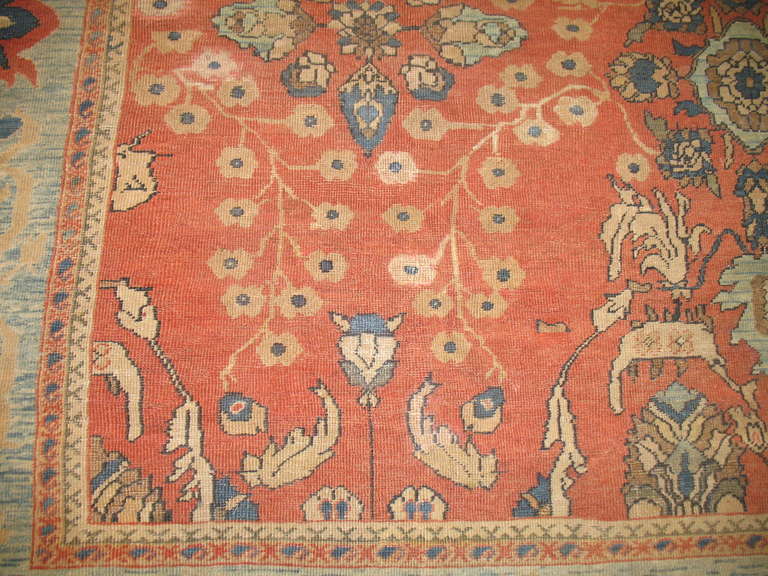 A finely woven handmade early 20th Persian Mahal Sultanabad rug. Rusty terracotta field, powder blue border.