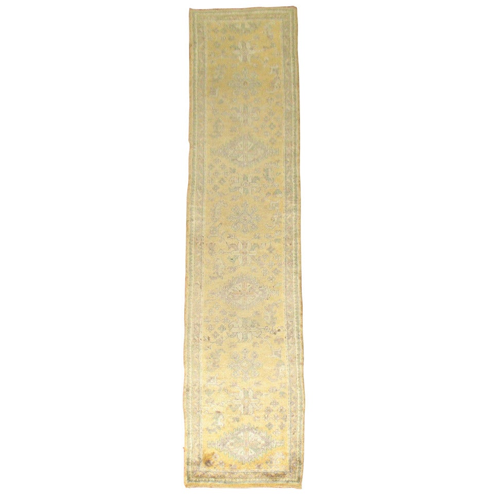 Zabihi Collection Yellow Gold Antique Oushak Runner For Sale