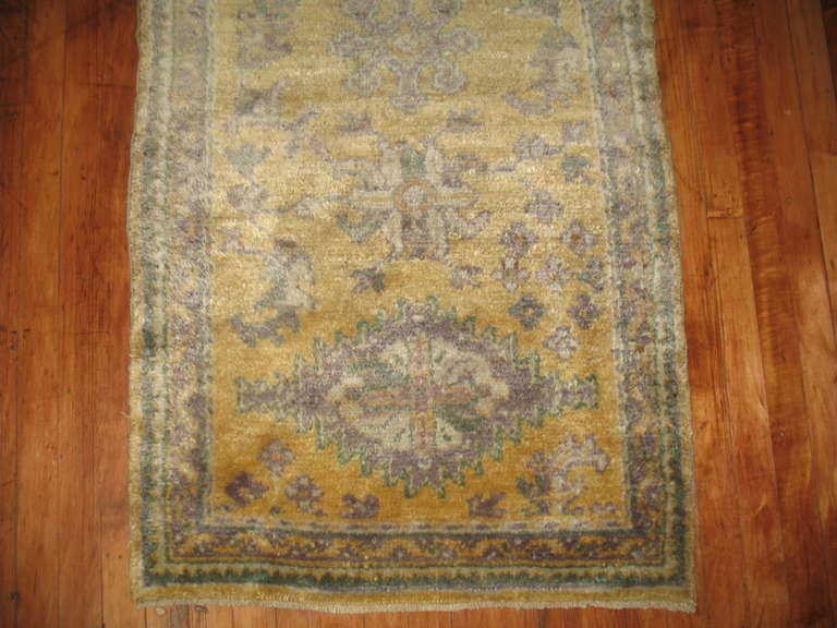 Agra Zabihi Collection Yellow Gold Antique Oushak Runner For Sale
