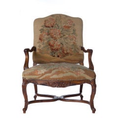 French Regence Style Walnut Fauteuil - Vintage Aubusson Tapestry