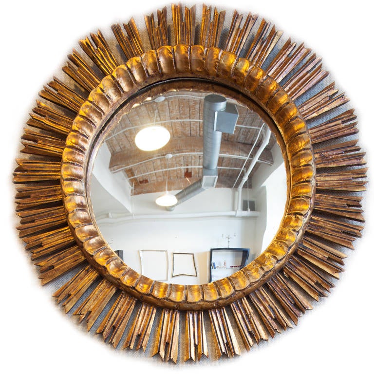 1920's French Gold Gilt sun mirror with convex mirror.
