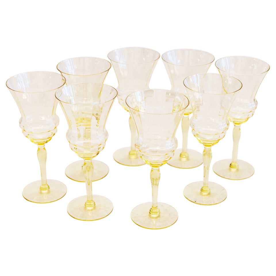 Set of 8 Mid-Century Pale Yellow Glassware For Sale
