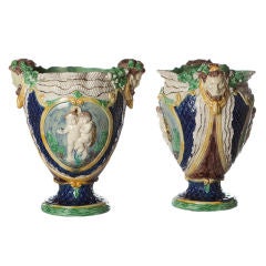 Pair of French Thomas Victor Sergent Faience Cache Pots