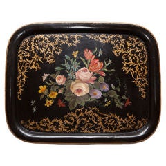 Napoleon III Black French Tole Tray with Flowers & Butterflies