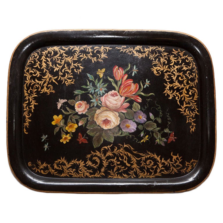 Napoleon III Black French Tole Tray with Flowers & Butterflies For Sale