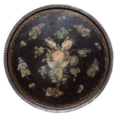 French Hand Painted Black Tole Round Tray with Floral Motif