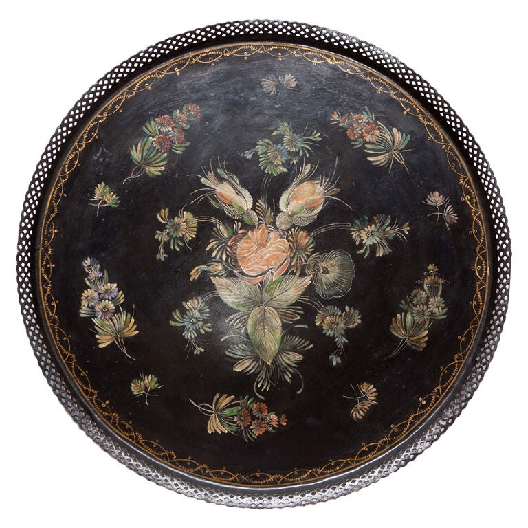 French Hand Painted Black Tole Round Tray with Floral Motif For Sale
