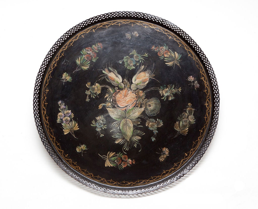 19th Century Restored Hand Painted French Round Tray<br />
Floral Motif<br />
Open Mesh Gallery