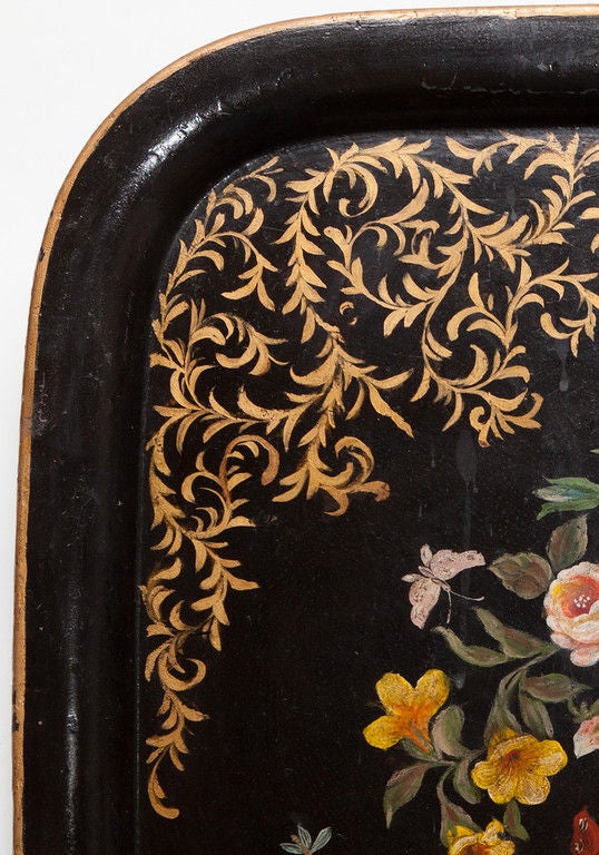 19th Century Napoleon III Black French Tole Tray with Flowers & Butterflies For Sale