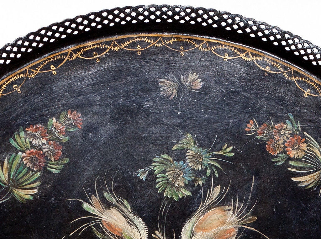 Tôle French Hand Painted Black Tole Round Tray with Floral Motif For Sale