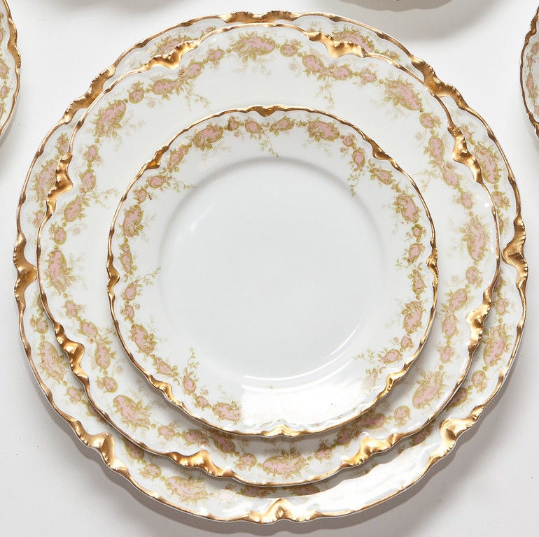 Hand Painted French Limoges China<br />
Pattern: Schleiger #269-A<br />
12 Complete Place Settings<br />
8 Items Per Setting