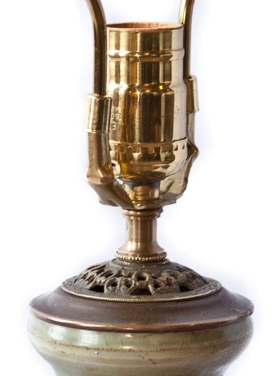 19th Century Asian Celadon Vase Lamp with Intricate Carved Wood & Bronze Base For Sale