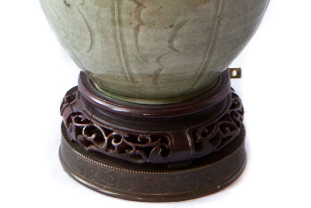 Pottery Asian Celadon Vase Lamp with Intricate Carved Wood & Bronze Base For Sale