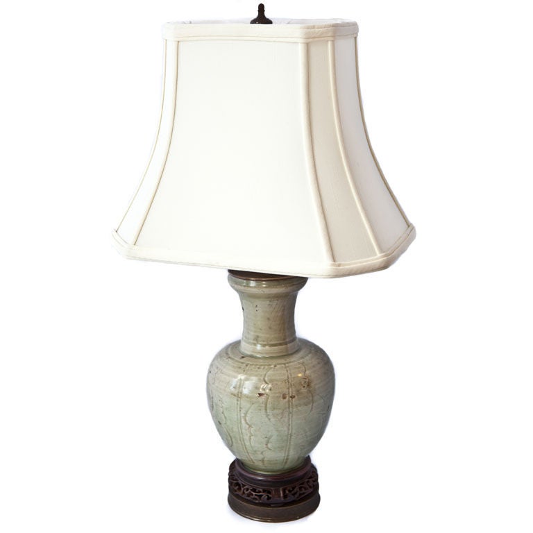 Asian Celadon Vase Lamp with Intricate Carved Wood & Bronze Base For Sale