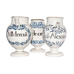 19th C. Terracotta Blue & White Glazed Apothecary Vessels