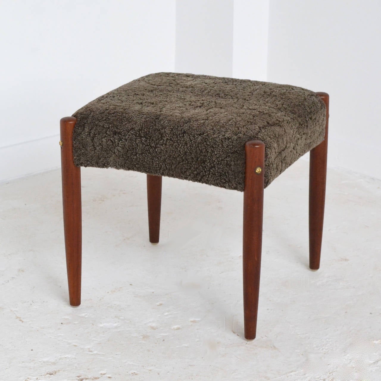 Danish Modern Teak Stool with Shearling Upholstery In Excellent Condition In Highland, IN