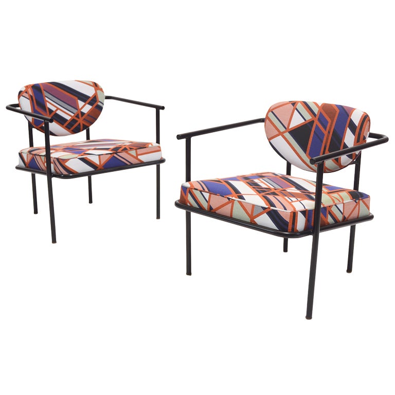 Metal framed lounge chairs upholstered in Maharam at 1stdibs