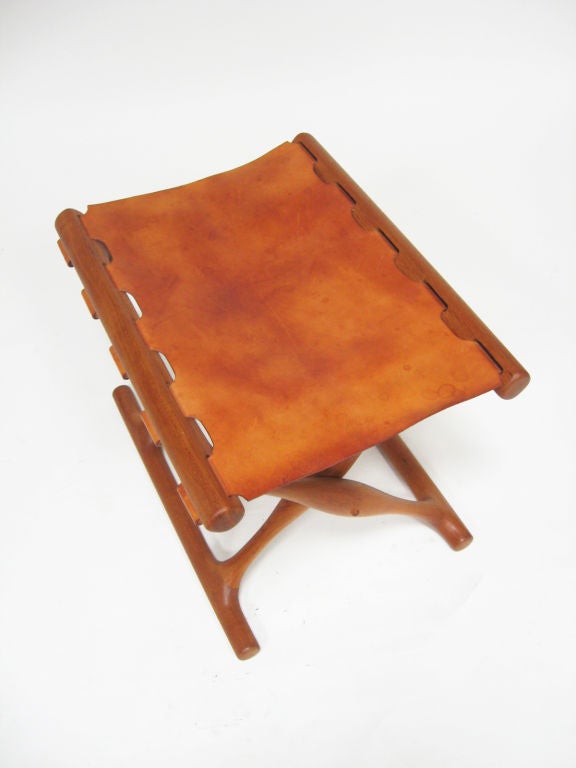 Leather Poul Hundevad Guldhoj folding stool in teak and leather