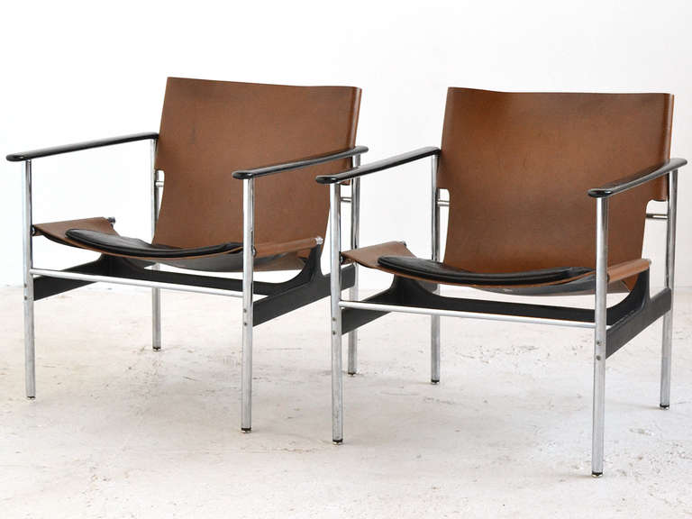 Charles Pollock's 1960 design for the model 657 sling chair references Le Corbusier's LC1 lounge chair while incorporating new materials. A surprisingly comfortable easy chair, the seat has a great pitch, the leather sling cradles the sitter, and