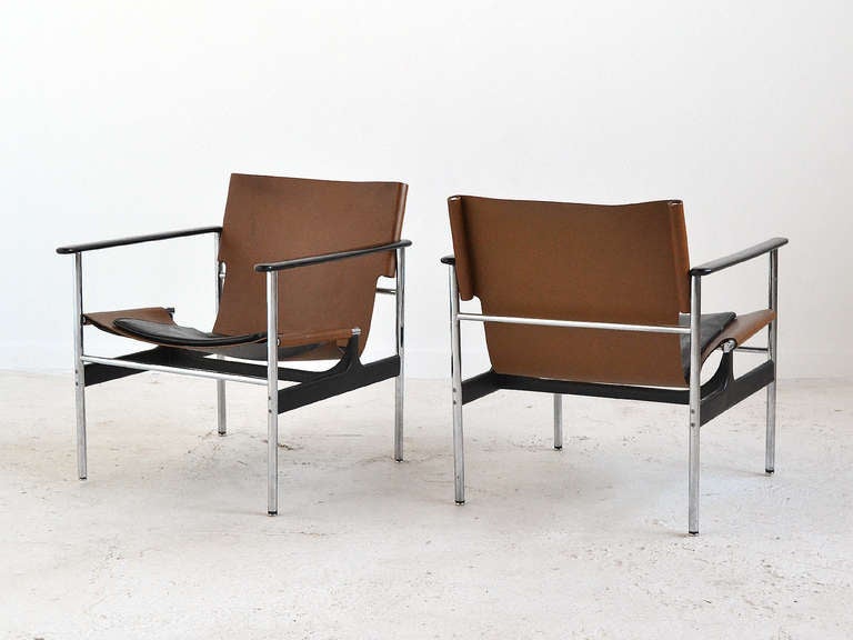 Mid-Century Modern Pair of Charles Pollock Leather Sling Chairs by Knoll