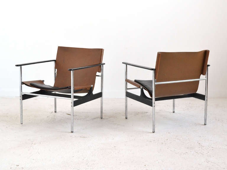 American Pair of Charles Pollock Leather Sling Chairs by Knoll