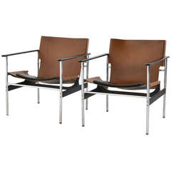 Pair of Charles Pollock Leather Sling Chairs by Knoll
