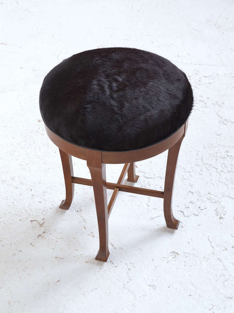 Scandinavian Modern Danish Mahogany Stool Upholstered in Hairy Hide