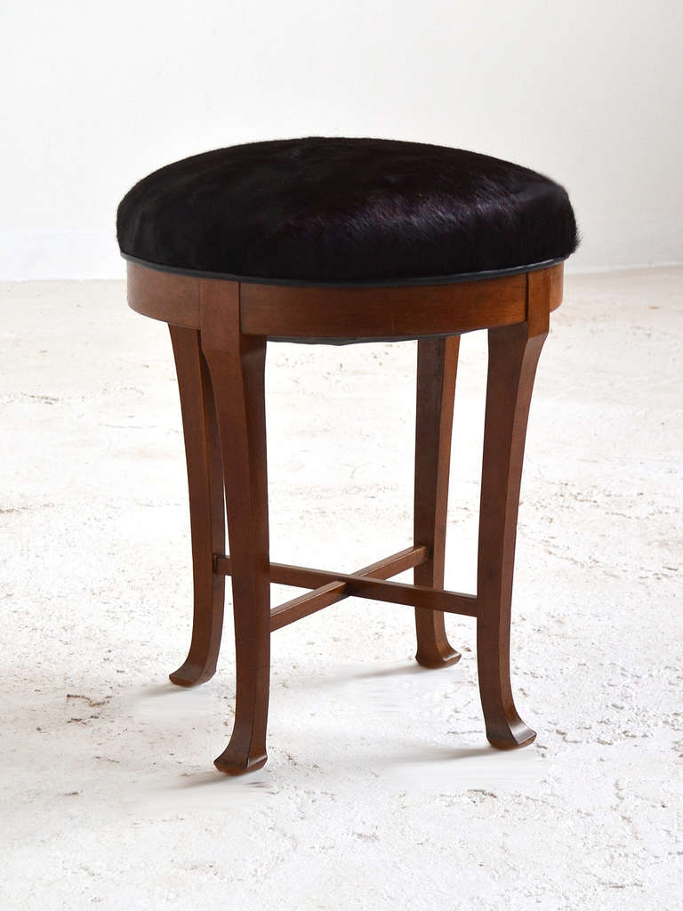 Mid-20th Century Danish Mahogany Stool Upholstered in Hairy Hide