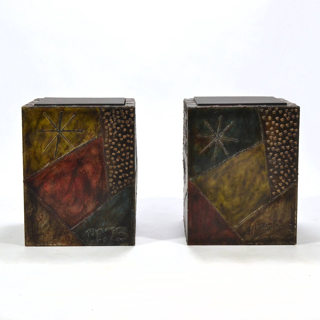 Mid-Century Modern Paul Evans Pair of Sculpted Steel Cube Tables