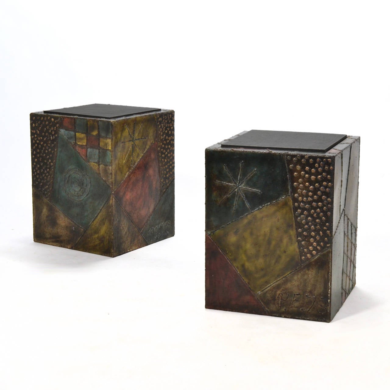 American Paul Evans Pair of Sculpted Steel Cube Tables