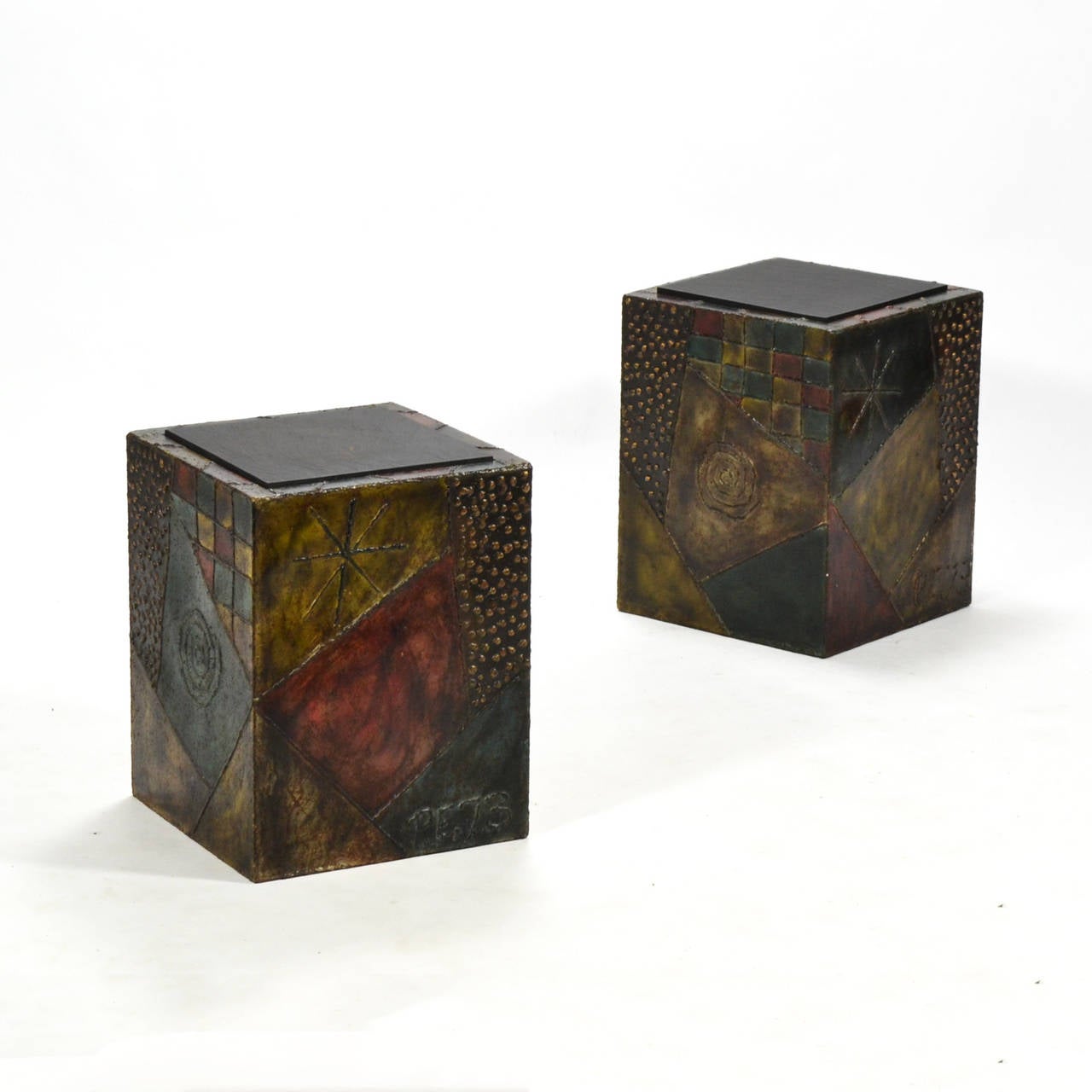 Paul Evans Pair of Sculpted Steel Cube Tables In Excellent Condition In Highland, IN