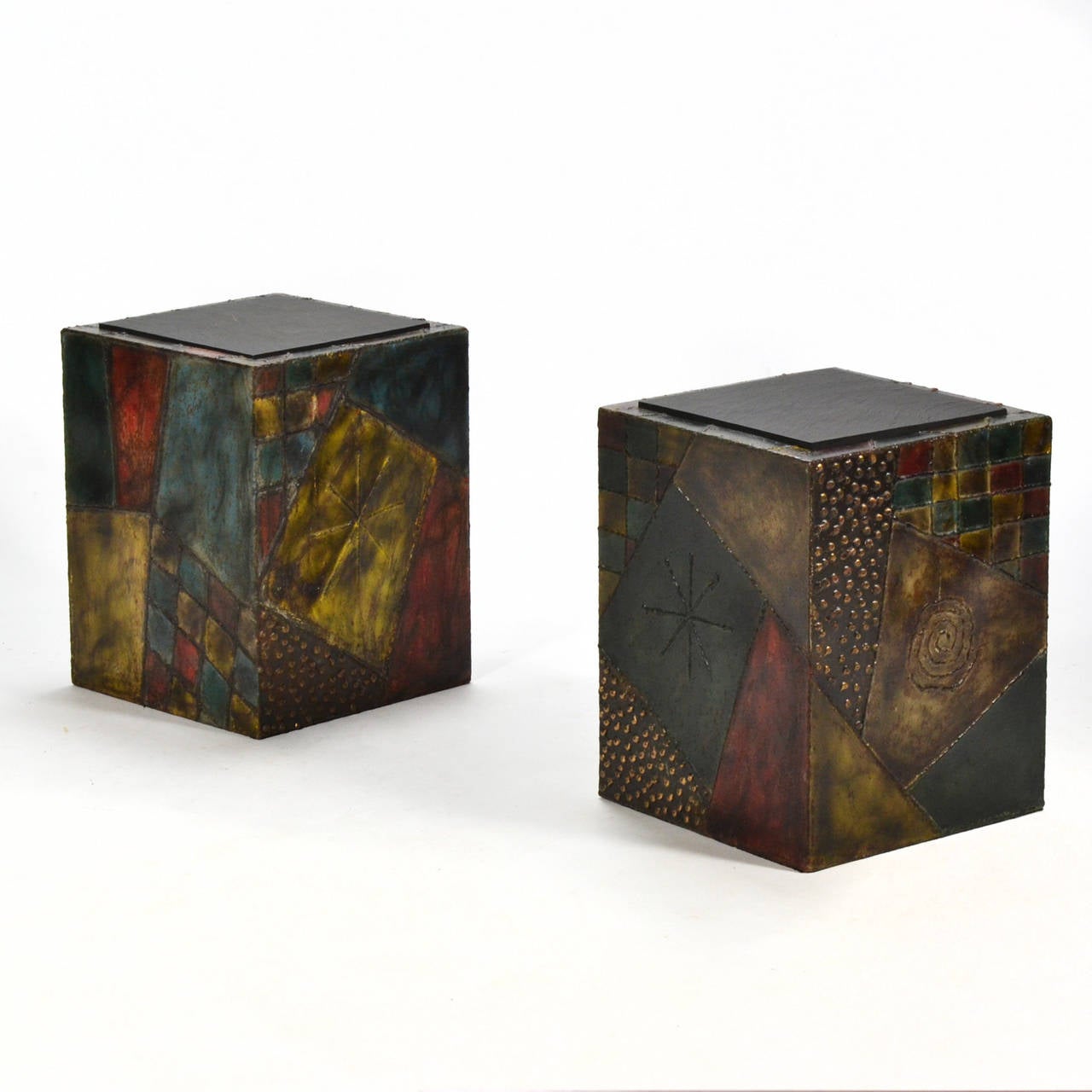 Paul Evans Pair of Sculpted Steel Cube Tables 1