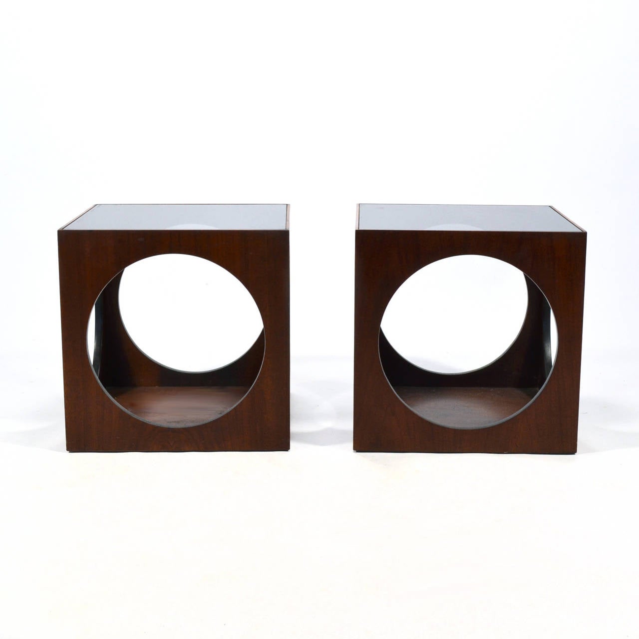 Smoked Glass Pair of Pierced Cube Tables by Lane