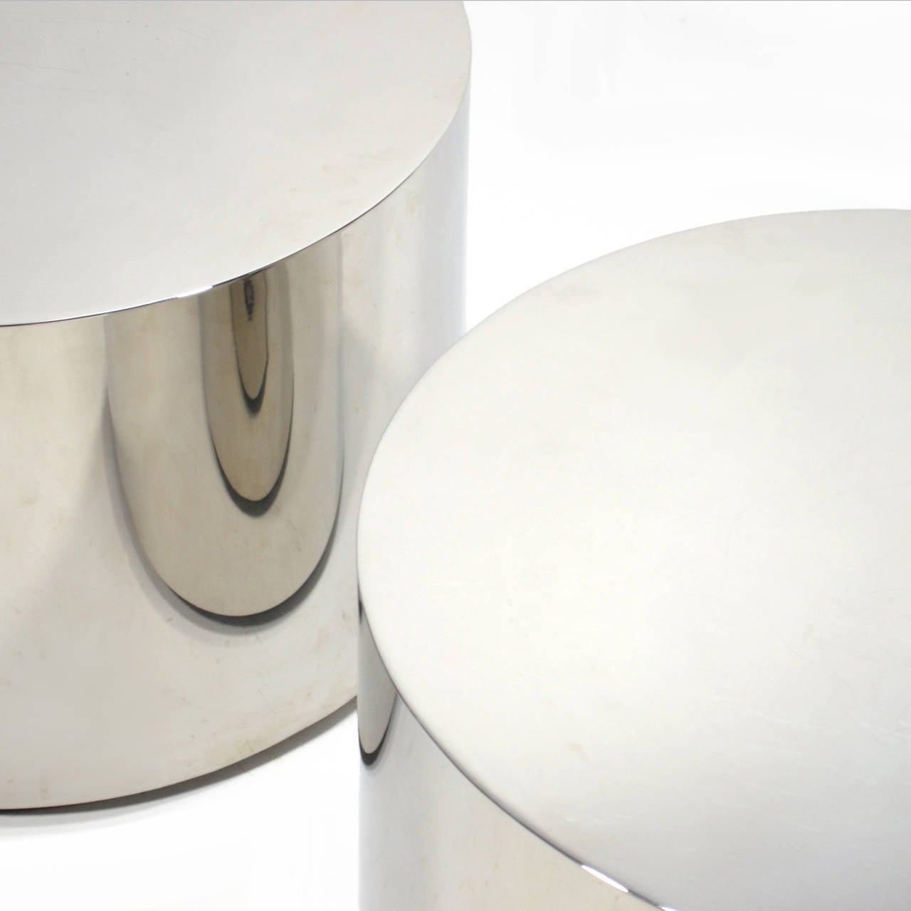 Mid-Century Modern Milo Baughman Pair of Stainless Steel Drum Tables