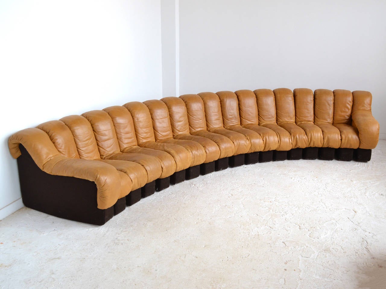 This fantastic 18-piece DS 600 organic sofa by Ueli bergere, Eleanora Peduzzi-Riva and Heinz Ulrich for De Sede/ Stendig is upholstered in a richly patinated caramel-colored leather and dark brown felt. The versatile design features thin segments