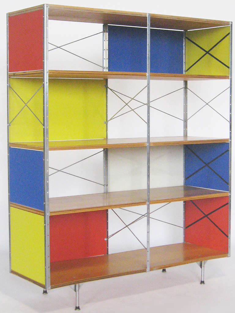 The ESU or Eames Storage unit is an important design by the Eames office which was originally only in producion for a brief period in the early 1950s. Using modest materials such as plywood, masonite, and perforated angle iron, the storage units